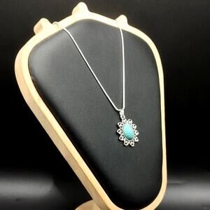 925 Sterling Silver Necklace w/ Turquoise Vtg Boho Floral Pendant Women's Gift